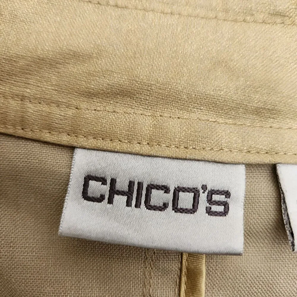 Chicos Jacket Women's 3 Gold Metallic Linen Full Zip Classic Career Evening Chic